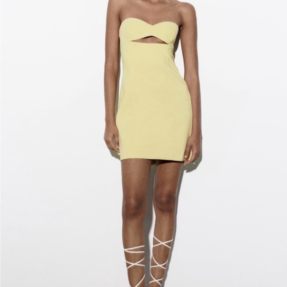 Zara yellow cutout strapless mini dress